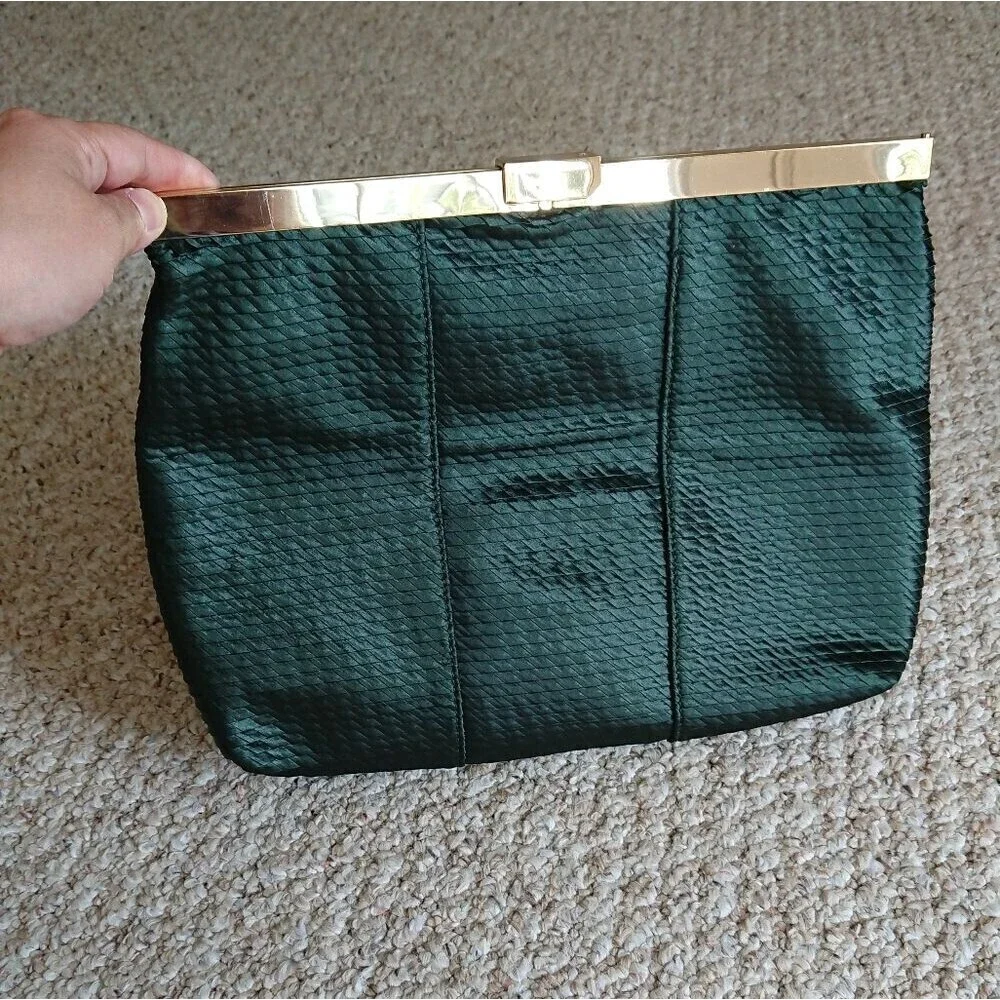 Halston Heritage foldable Frame Clutch in lux weaved green silk